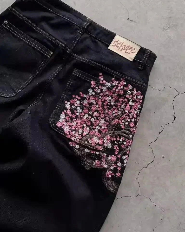 Casual suit retro low waist hip hop cherry blossom embroidered jeans wide leg pants y2k clothing mens embroidered loose jeans