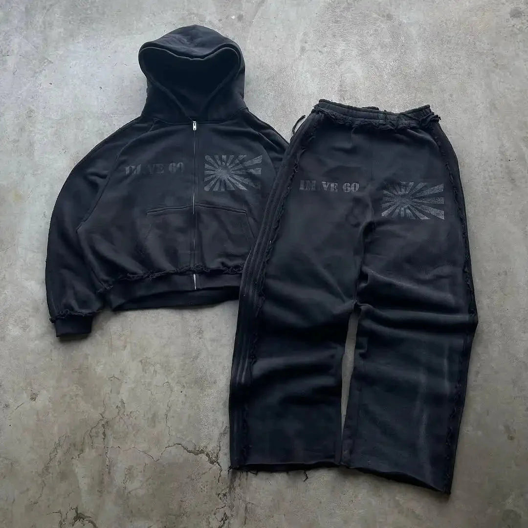 Streetwear Y2k Zipper Hoodie New Two Piece Set Hip Hop Digital Print Hooded Men Women Sweatshirts Drawstring Casual Sports Pant