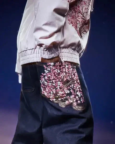Casual suit retro low waist hip hop cherry blossom embroidered jeans wide leg pants y2k clothing mens embroidered loose jeans