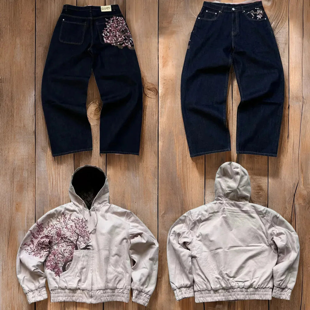 Casual suit retro low waist hip hop cherry blossom embroidered jeans wide leg pants y2k clothing mens embroidered loose jeans