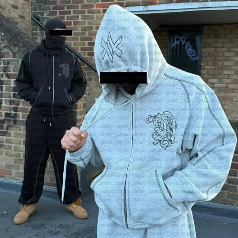 American Y2K Casual Zipper Hoodie Sweatpant Two Piece Set HipHop Oversized Embroidery Sweatshirts Men Women Casual Pants