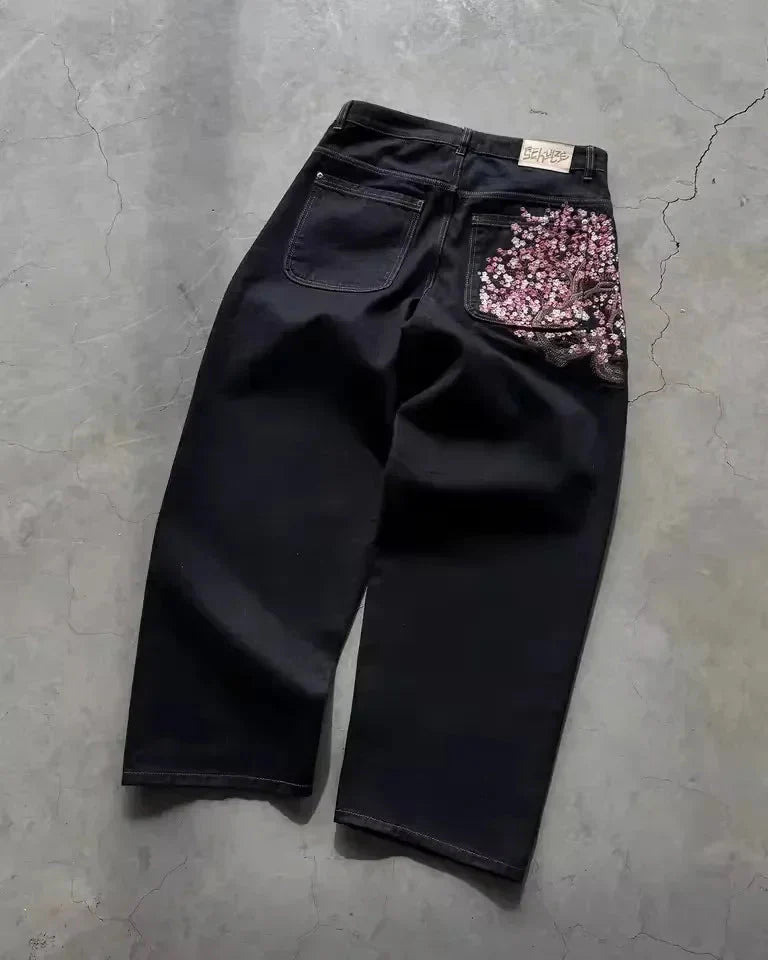 Casual suit retro low waist hip hop cherry blossom embroidered jeans wide leg pants y2k clothing mens embroidered loose jeans