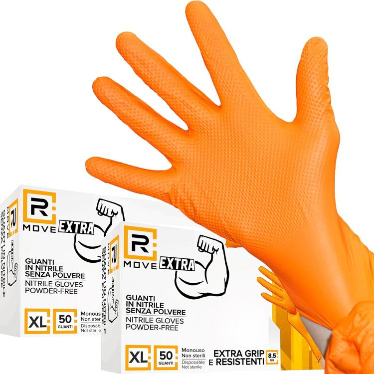 Rmove 50Pz 8.5Gr da Lavoro Guanti Nitrile Arancione Senza Polvere Full Grip XXL