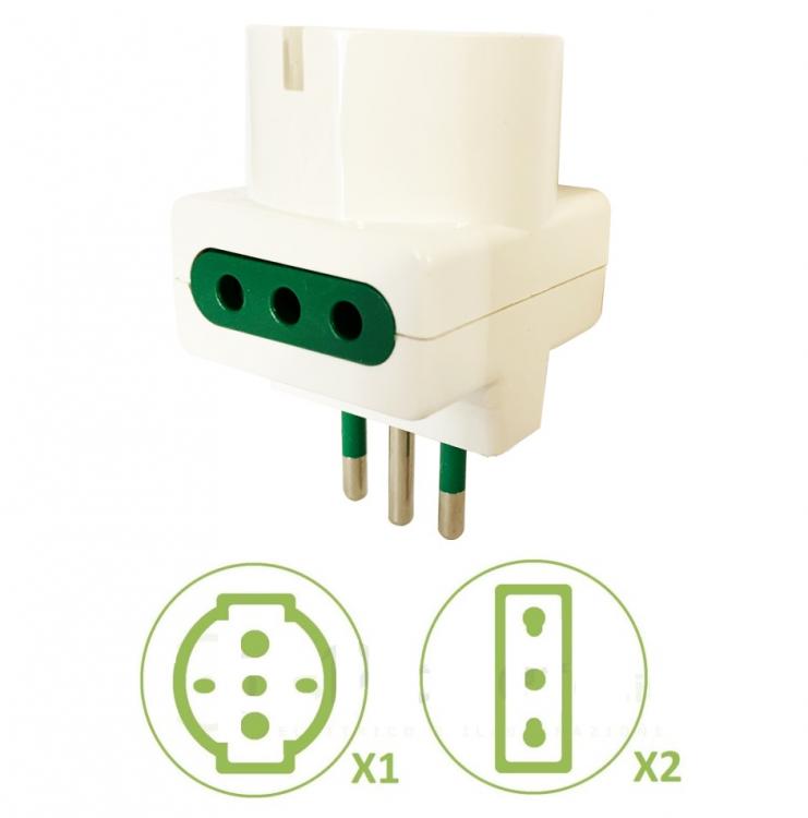 ADATTATORE TRIPLA SPINA S11 P30 10A | 2 PRESE BIPASSO 10/16A + 1 SCHUKO 10/16A |