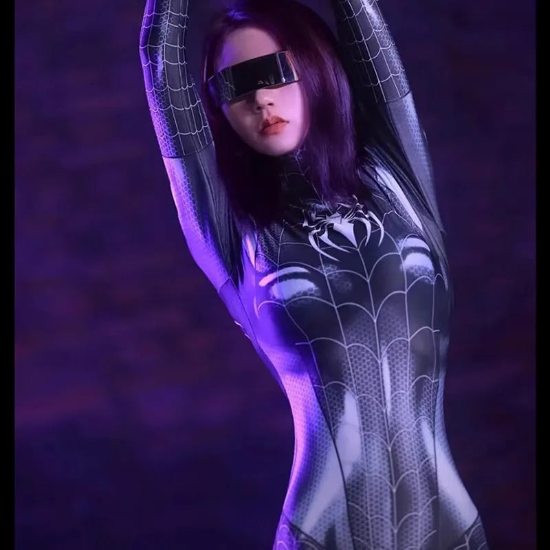 Sexy Spider Web Women Cosplay Jumpsuit Costume Female Halloween Party Zentai Suits Superhero Bodysuit with Crotch Zipper