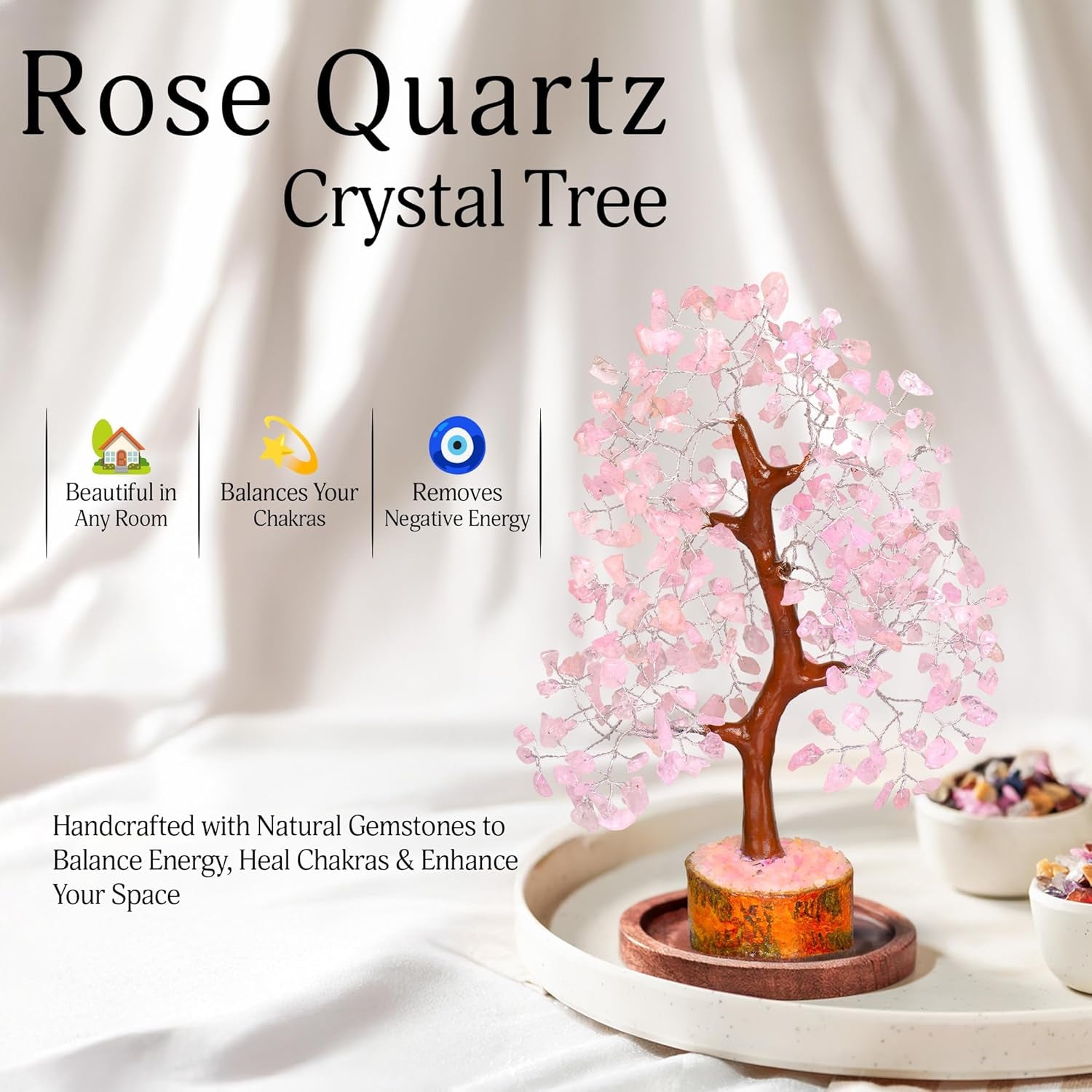 Rose Quartz Crystal Tree - Bonsai Tree of Life - Pink Room Decor - Desk Decorations for Women Office - Gemstones and Crystals - Stones and Crystals