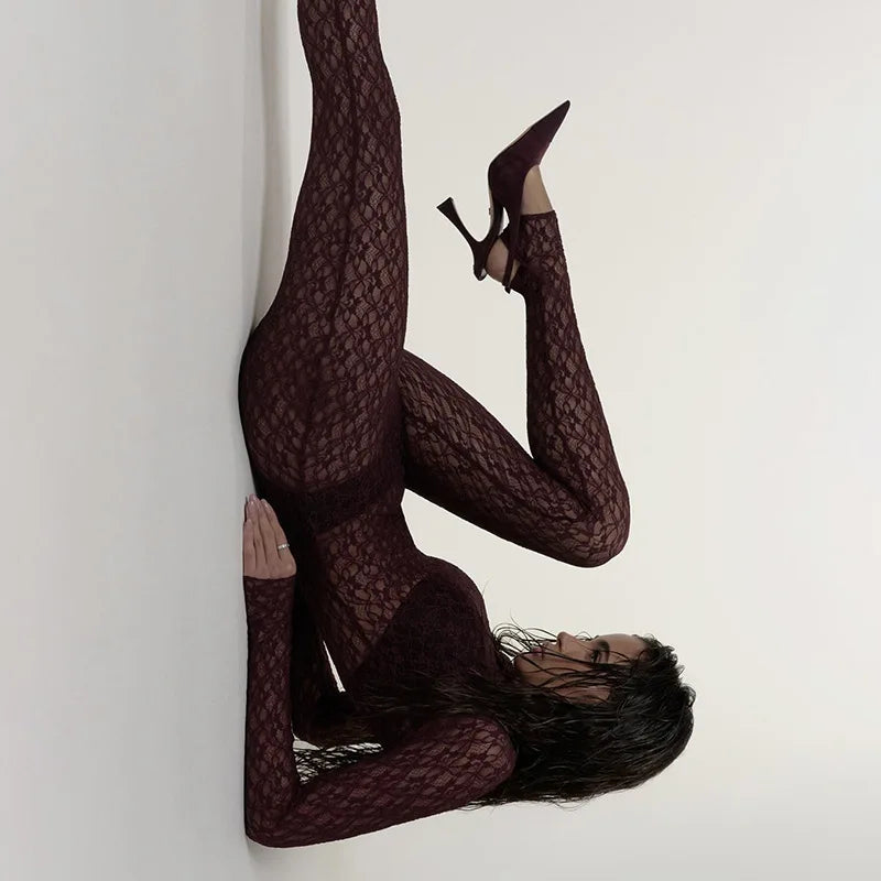 Sexy Transparent Lace Jumpsuit Long Sleeved High Neck Bodysuit Tight Romper Women'S Party Nightclub Party Streetwear
