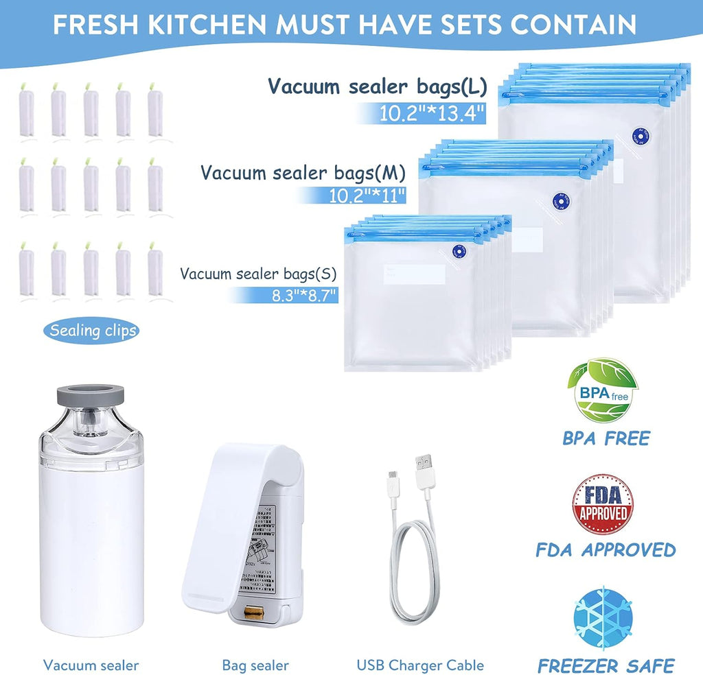 Handheld Vacuum Sealer,Sous Vide Bags(15 Pcs Reusable) and Mini Heat Bag Sealer.Start Kit Sets.Portable.Automatic Vacuum Sealer Machine for Food Storage Preservation.Freezer,Sous Vide Cooking