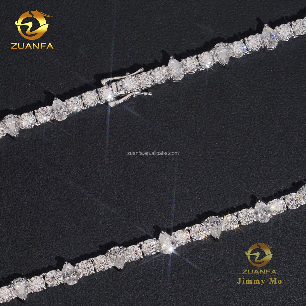 New Design Unique Elegant Style Claw Setting 4Mm Upside down 925 Solid Silver Rhodium Plated VVS Moissanite Pear Tennis Chain