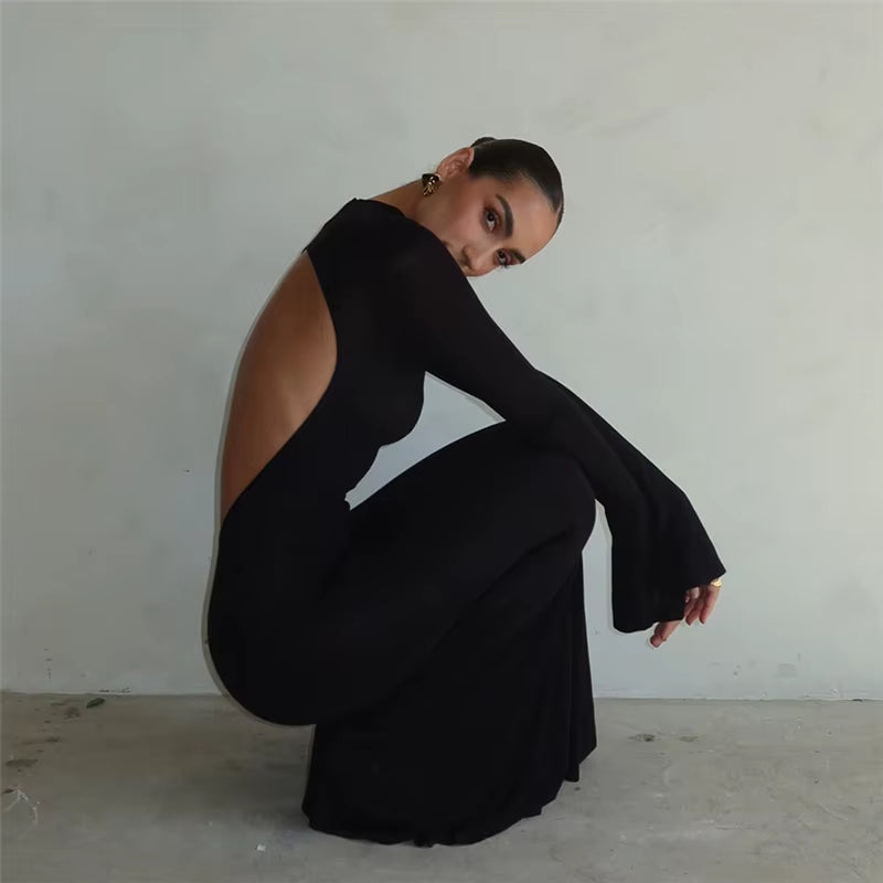 Women'S Clothes Event Evening Dresses Sexy Elegant Crew Neck Long Sleeve Black Bodycon Knit Open Back Backless Maxi Dress