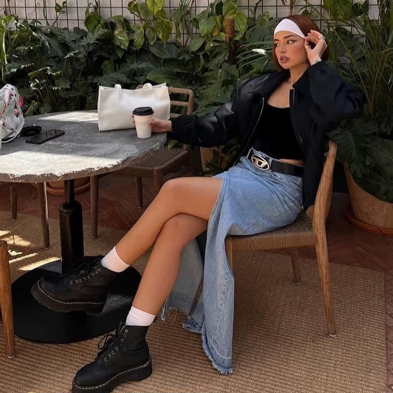 Hot Style Streetwear Elegant Slit Blue High Waist Denim Skirt Casual Straight Long Skirts for Women