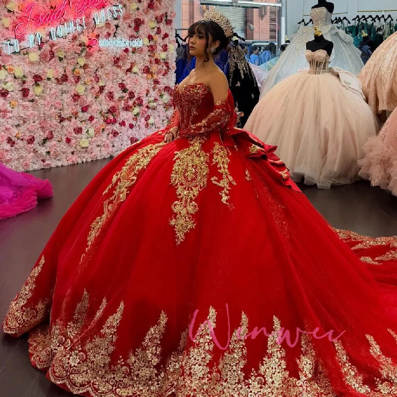 Sophie Store Customized Red Quinceanera Dree off the Shoulder Gold Applique Lace Beading Bow Tull Coret Party Birthday Sweet 16