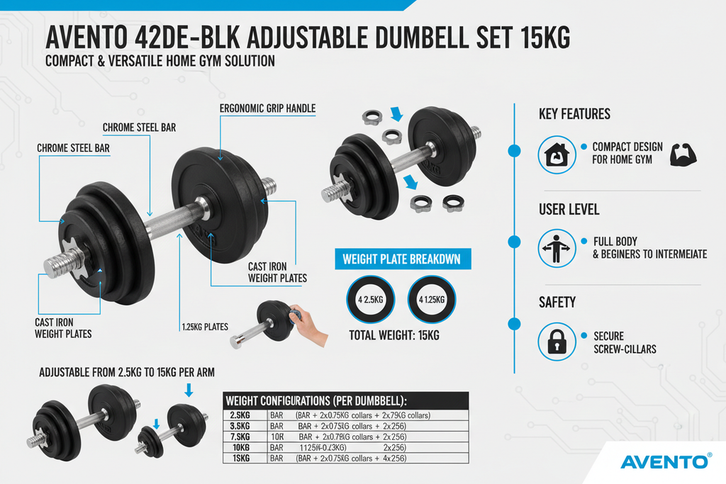 Avento Set Manubrio Regolabile Nero 15Kg Ghisa Acciaio - 42DE-BLK