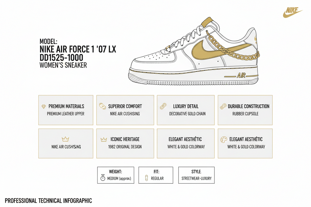 Nike Air Force 1 LX DD1525-100 Bianco Oro Donna Sneakers Catena Pelle Premium