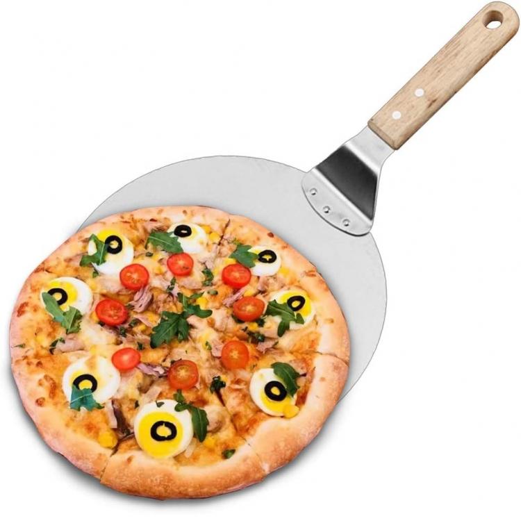 Spatola Per Pizza Manico Di Legno Pala Rotondo Paletta Acciaio Forno 44X25.5Cm