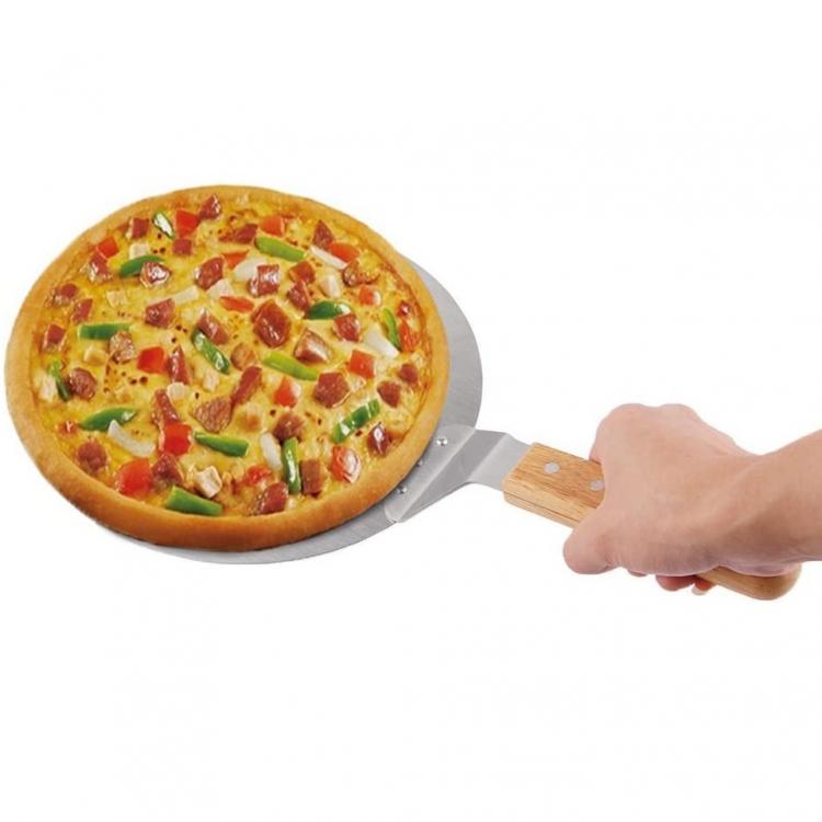 Spatola Per Pizza Manico Di Legno Pala Rotondo Paletta Acciaio Forno 49X30.5Cm