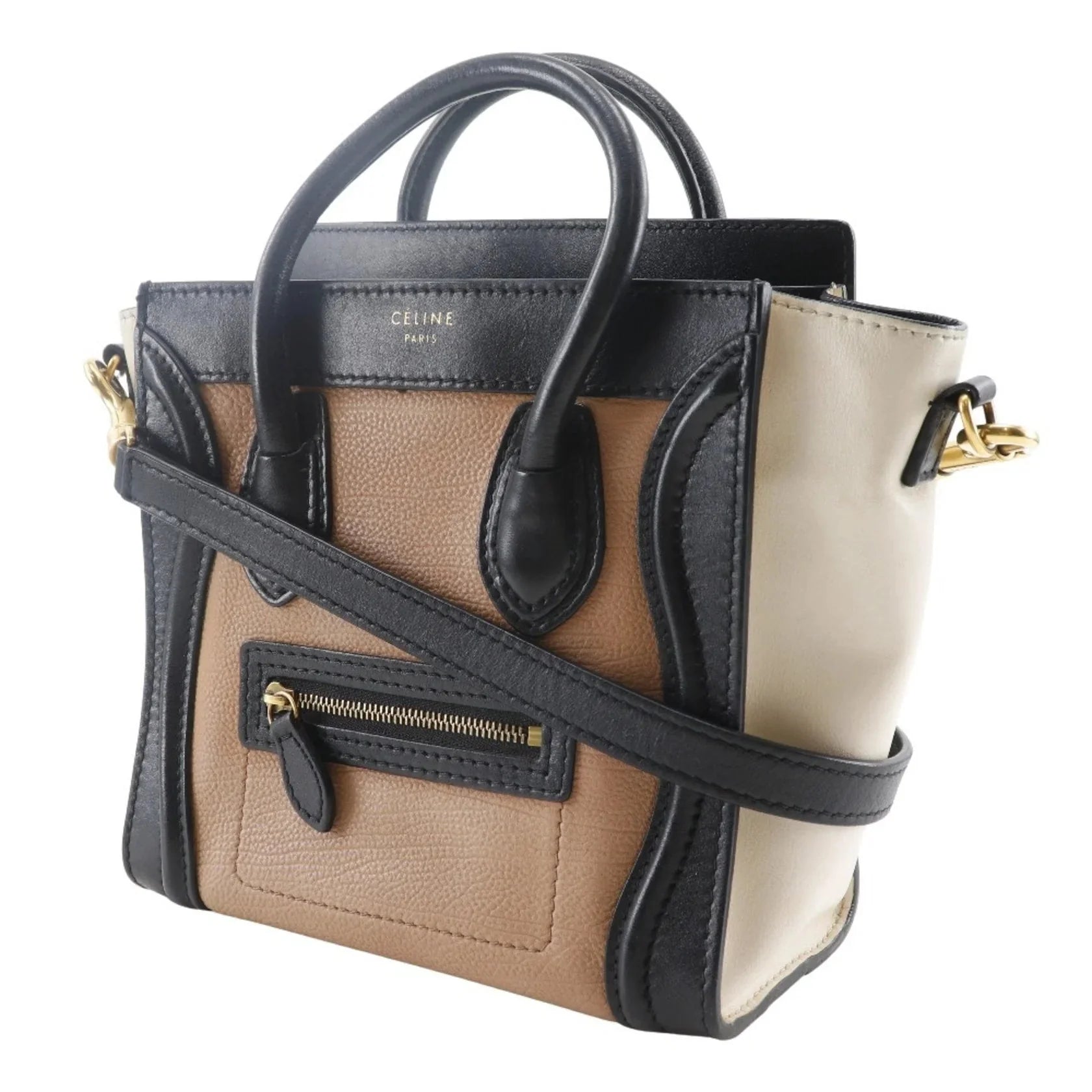 Céline Nano Luggage in Pelle Tricolore – Nero, Marrone e Bianco Sporco