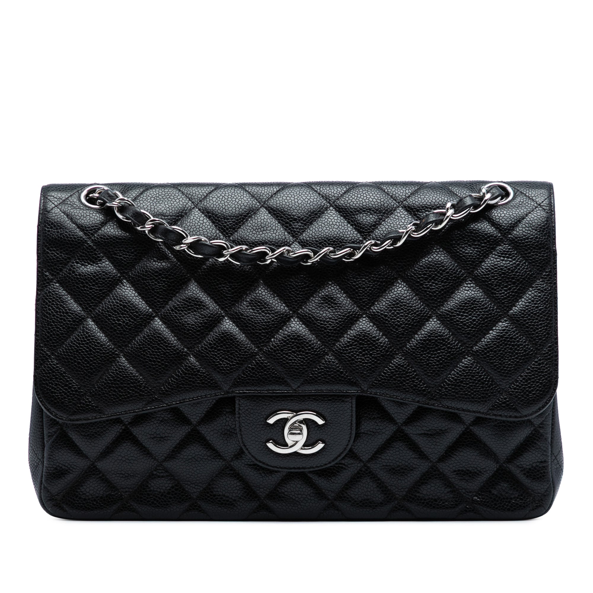 Chanel Classic Double Flap Jumbo in Pelle di Caviale Nera – Hardware Argento