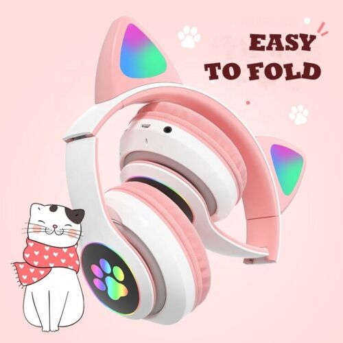 CUFFIE GATTO BLUETOOTH WIRELESS GAMING AURICOLARE LED IPHONE SMARTPHONE - BLU