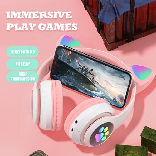 CUFFIE GATTO BLUETOOTH WIRELESS GAMING AURICOLARE LED IPHONE SMARTPHONE - NERA