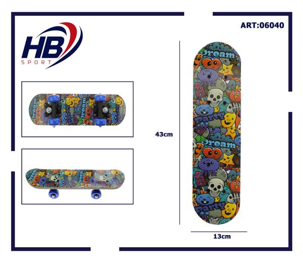 Hb Sport Skateboard Bambini Unisex Skate In Legno Fantasia Colorato 43 Cm Blu